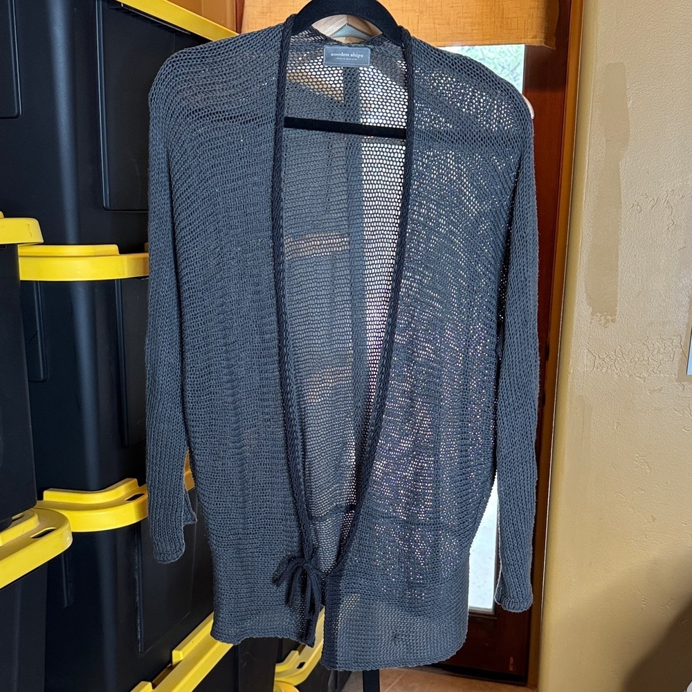 Wooden Ships Charcoal Gray Black Open Knit Sweater Cardigan Size Small Medium
